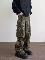 Hearujoy Y2k Retro Punk Baggy Jeans Multi Pocket Leopard Print Cargo Pants Women Slouchy Hip Hop Straight Wide Leg Pants Streetwear