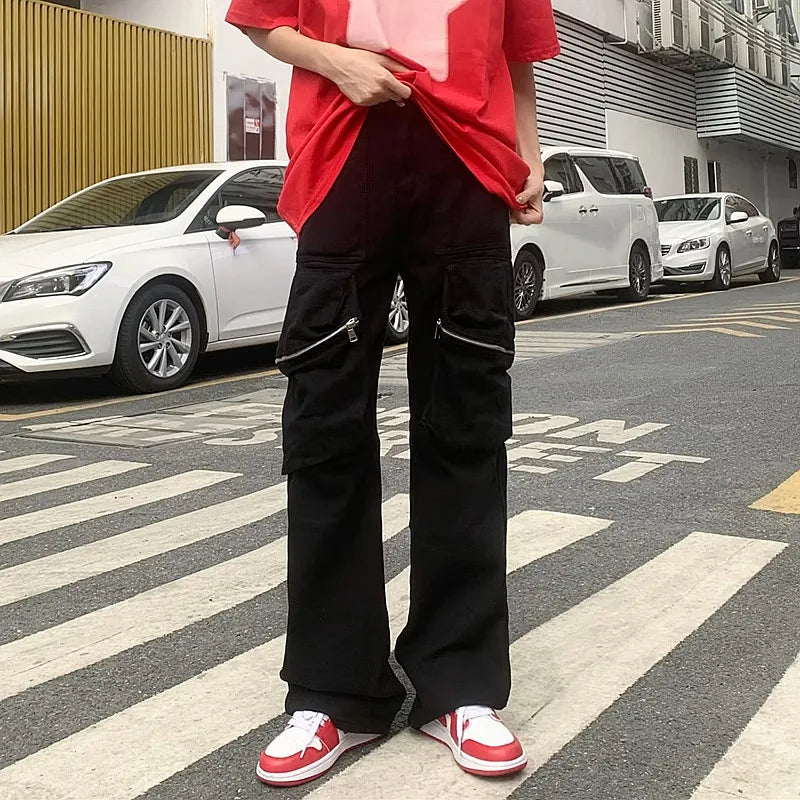HEARUJOY  -  Y2K New Fashion Zipper Pockets Black Baggy Cargo Jeans Pants For Men Clothing Straight Hip Hop Long Trousers Pantaloni Uomo