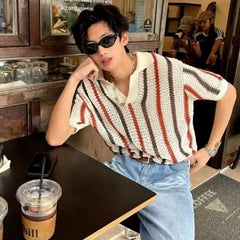 HEARUJOY  -  Men's Summer Fashion Striped Color Block Openwork Knit Polo Shirt Casual Short Sleeve Thick Needle Top