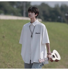 HEARUJOY  -  Retro Japanese Men's Casual Short Sleeve Shirt Spring Summer Loose Fit Versatile Youth Button Loose Half Sleeve Blouse Shirts