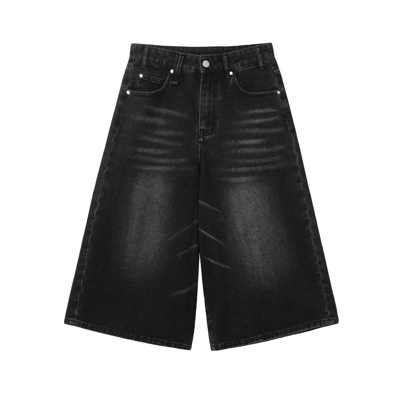 HEARUJOY  -  Men Streetwear Baggy Jorts Low Waist Cropped Black Jeans Distressed Y2k Casual Wide Pants Denim Shorts Male Trousers
