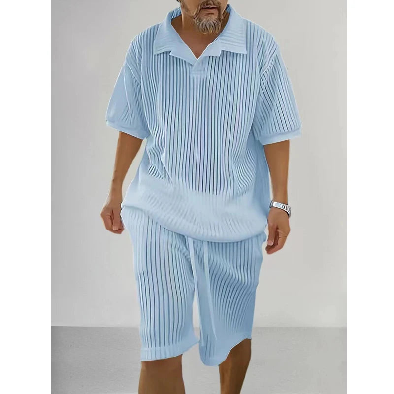HEARUJOY  -  Summer Fashion Knitted Two Piece Set Streetwear Casual Loose Solid Men Vintage Short Sleeve Polo Shirts And Shorts MaleSuits