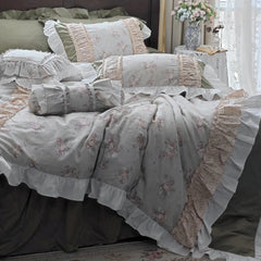 YICKYUE  -  Luxury French King Duvet Cover Set Retro Princess Style Pastoral Floral Cotton Bed Skirt Bedding Quilt Cover Bedding Set