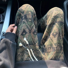 HEARUJOY  -  Ethnic Style Print Pants Men Hip Hop Elastic Waist Drawstring Straight Trousers Autumn Winter Vintage Dirty Pant (with Plush)