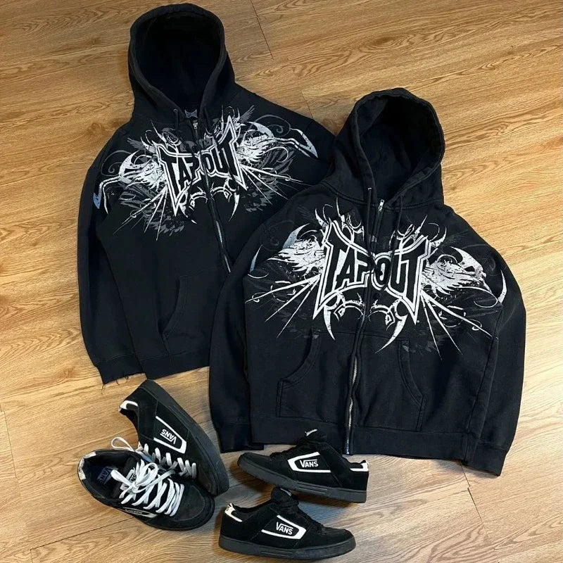HEARUJOY  -  Retro Tapout Zipper Oversized Hoodies Women Hip hop Fashion Sweater American Vintage Y2k Tops Couples Harajuku Gothic Streetwear
