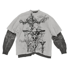 Hearujoy Y2K Affliction New American Retro Washed Men Long-sleeved Round Neck Fake Two piece Shirt Skull Print Trend Street Casual Shirt