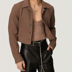 HEARUJOY  -  French Style Men Short Jacket Fashion Luxury Thousand Bird Grid Pattern Tops Spring Autumn  Vintage Loose Little Coat Streetwear