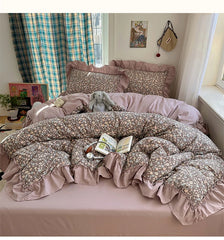 YICKYUE  -  Class A ancient imitation cotton washable four-piece set of French lace bedding small fresh print cute three-piece set