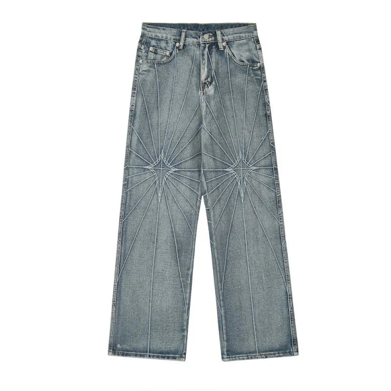 Hearujoy Radial grid embroidered denim straight striped trousers fashionable street retro casual couple fashion trend trousers