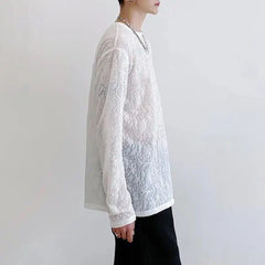 Hearujoy Mens Lace See-Through Jacquard Long-Sleeved Top 2024 New Fashion Sexy Nightclub Youth Personality Versatile Thin T-Shirt For Men