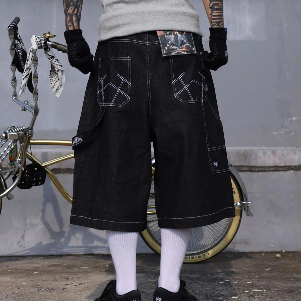 Hearujoy Mens Casual Cropped Pants American Street Retro Hiphop Hiphop Wide Leg Straight Over The Knee Original Color Jeans Summer