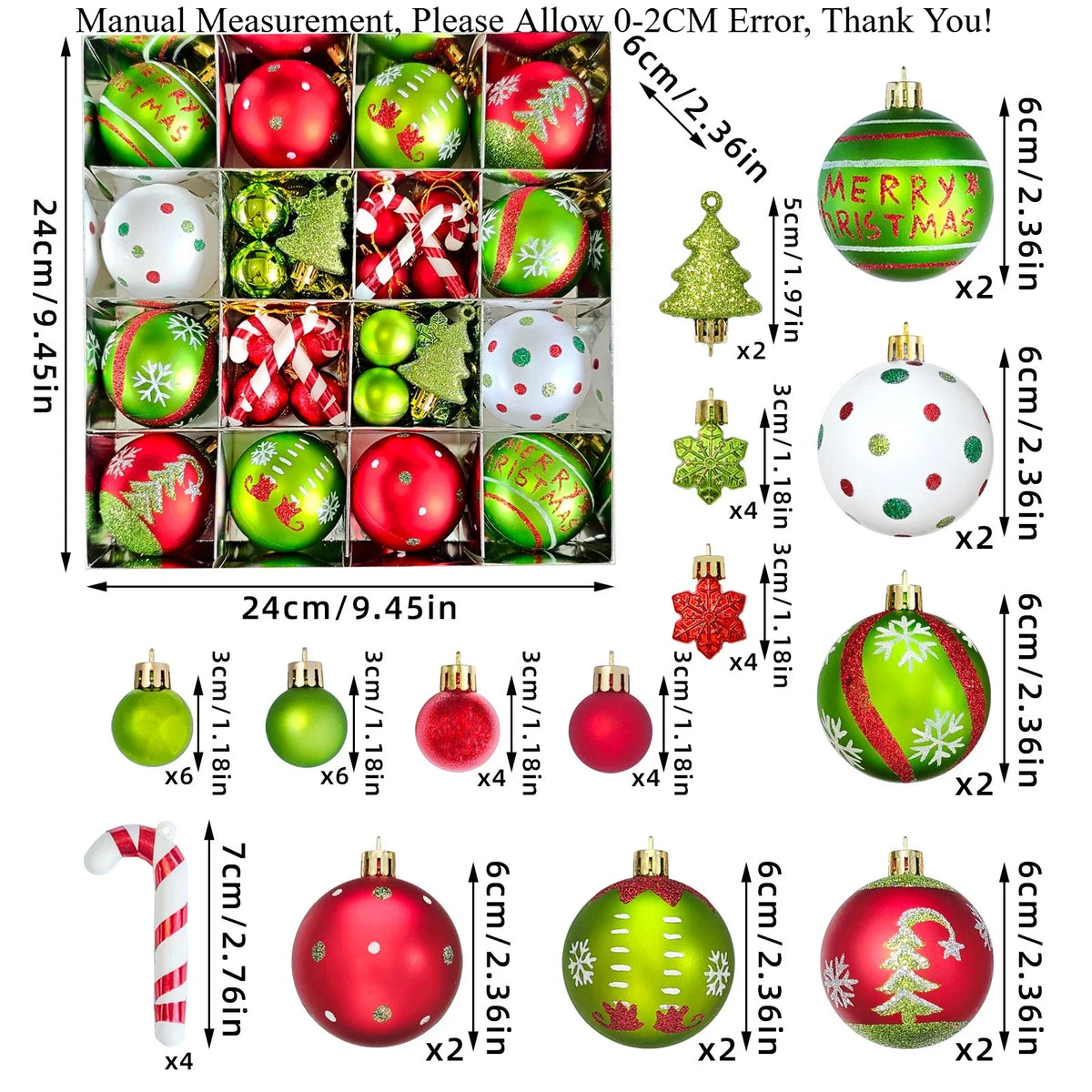 YICKYUE  -  Christmas Ball Decoration Set, Red Green White Hanging Balls, Xmas Tree Decorations, Glittering Red, Plastic Christmas Trinkets