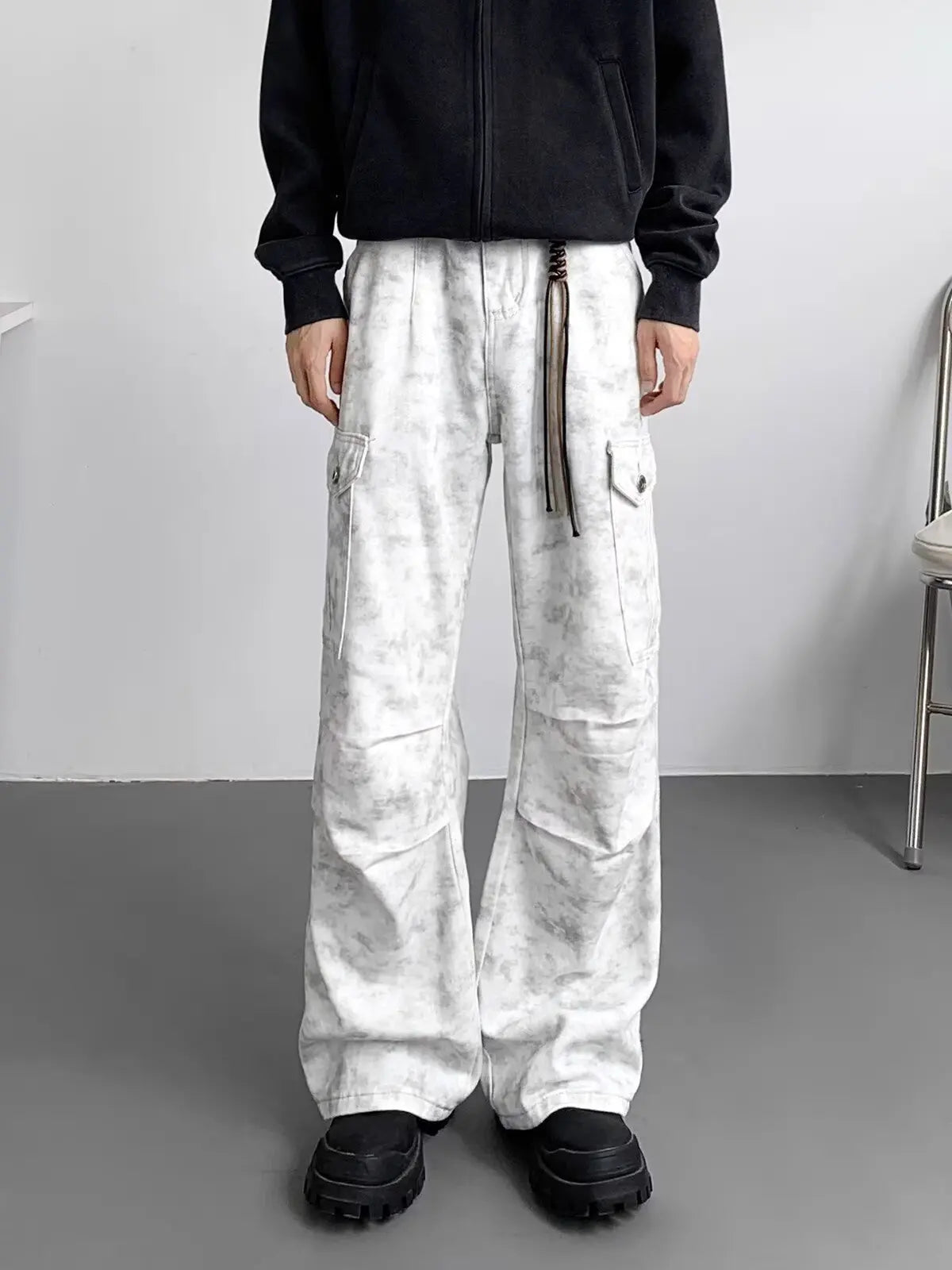 HEARUJOY  -  American Tie Dye Cargo Pants Mens Autumn Vintage High Street Straight Leg Trousers Casual Multi Pocket Loose Overalls Male
