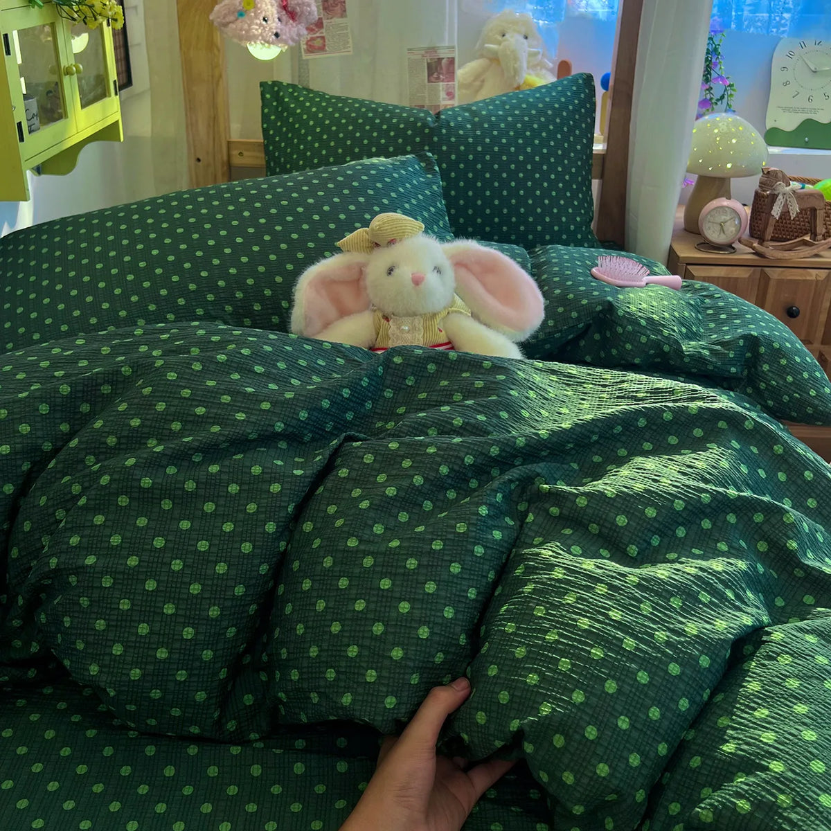 YICKYUE  -  Dark‑Green Polka‑Dot Bubble Crinkle Microfiber Bedding Set,1 Duvet Cover,1 Flat Sheet & 2 Pillowcases,Soft Breathable Bed Linens