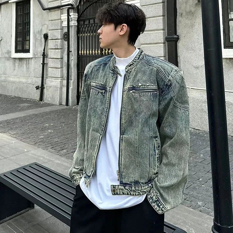 HEARUJOY  -  Male Denim Jackets High Street Shoulder Pad Design Patchwork Solid Men Short Coats American Style Loose Short Outwear Zipper