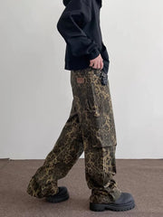 Hearujoy Y2k Retro Punk Baggy Jeans Multi Pocket Leopard Print Cargo Pants Women Slouchy Hip Hop Straight Wide Leg Pants Streetwear
