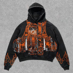 Hearujoy Body armor printed washed street hooded sweatshirt 2024 hot selling trendy retro loose fashionable sweatshirt for men and women