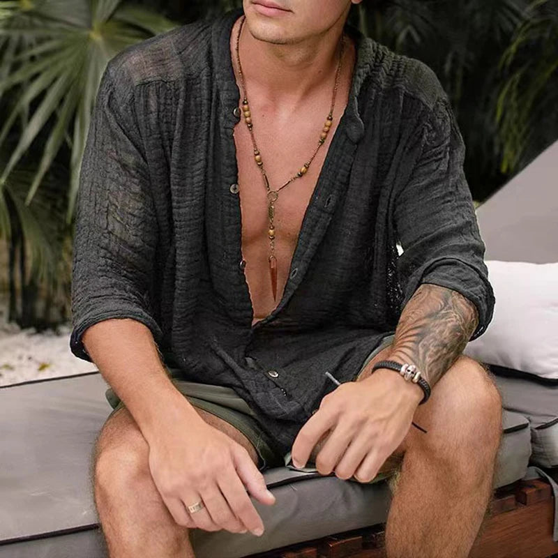 HEARUJOY  -  Spring Summer Fashion Cotton Linen Shirt Solid Long Sleeve Solid Vintage Tops Casual Loose Shirts Cardigan For Men Clothing