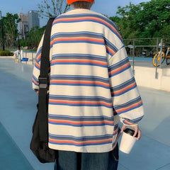 HEARUJOY  -  Handsome Trendy Rainbow Striped Long Sleeve T shirt Spring Autumn Casual Top New Men Hong Kong Style Ins Fashion
