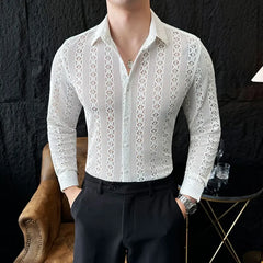 YICKYUE  -  Sexy Lace See-through Slim Men Shirts Autumn Spring Lapel Long Sleeve Male Dress Shirt Club Prom Stage Hollow Mens Clothing 4XL