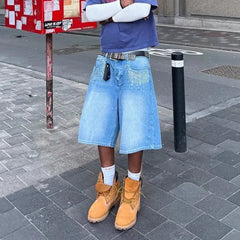 HEARUJOY  -  Streetwear Mens Womens Vintage Rhinestone Sequin Denim Shorts Y2K Jeans Hip Hop Washed Baggy Jeans Low Rise Over The Knee Pants