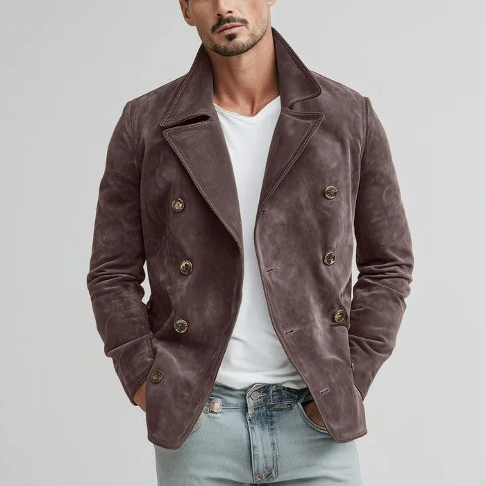 YICKYUE  -  Vintage American Style Suede Jacket Men Notched Lapel Double-breasted Long Sleeve Suit Top Spring Autumn Leisure Streetwear Coat