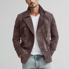 YICKYUE  -  Vintage American Style Suede Jacket Men Notched Lapel Double-breasted Long Sleeve Suit Top Spring Autumn Leisure Streetwear Coat