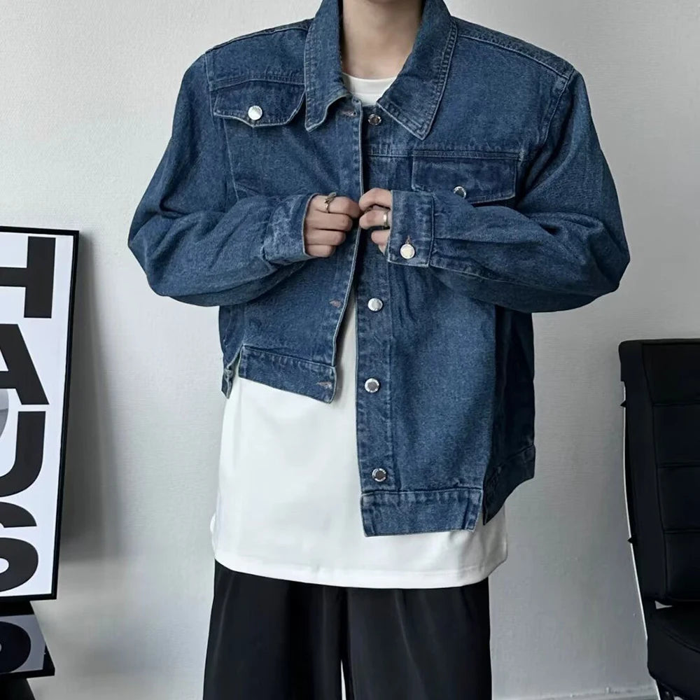 Hearujoy Mens Denim Shirt Asymmetrical Design Shoulder Pad Unisex Long Sleeved Shirt Autumn High Street Korean Cowboy y2k Top Man Clothes