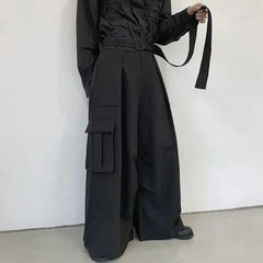 Hearujoy Mens Multi-Pocket Loose Casual Skirts Genderless Japanese Harajuku Street Dark Workwear Style Solid Color Wide Leg Pants Unisex