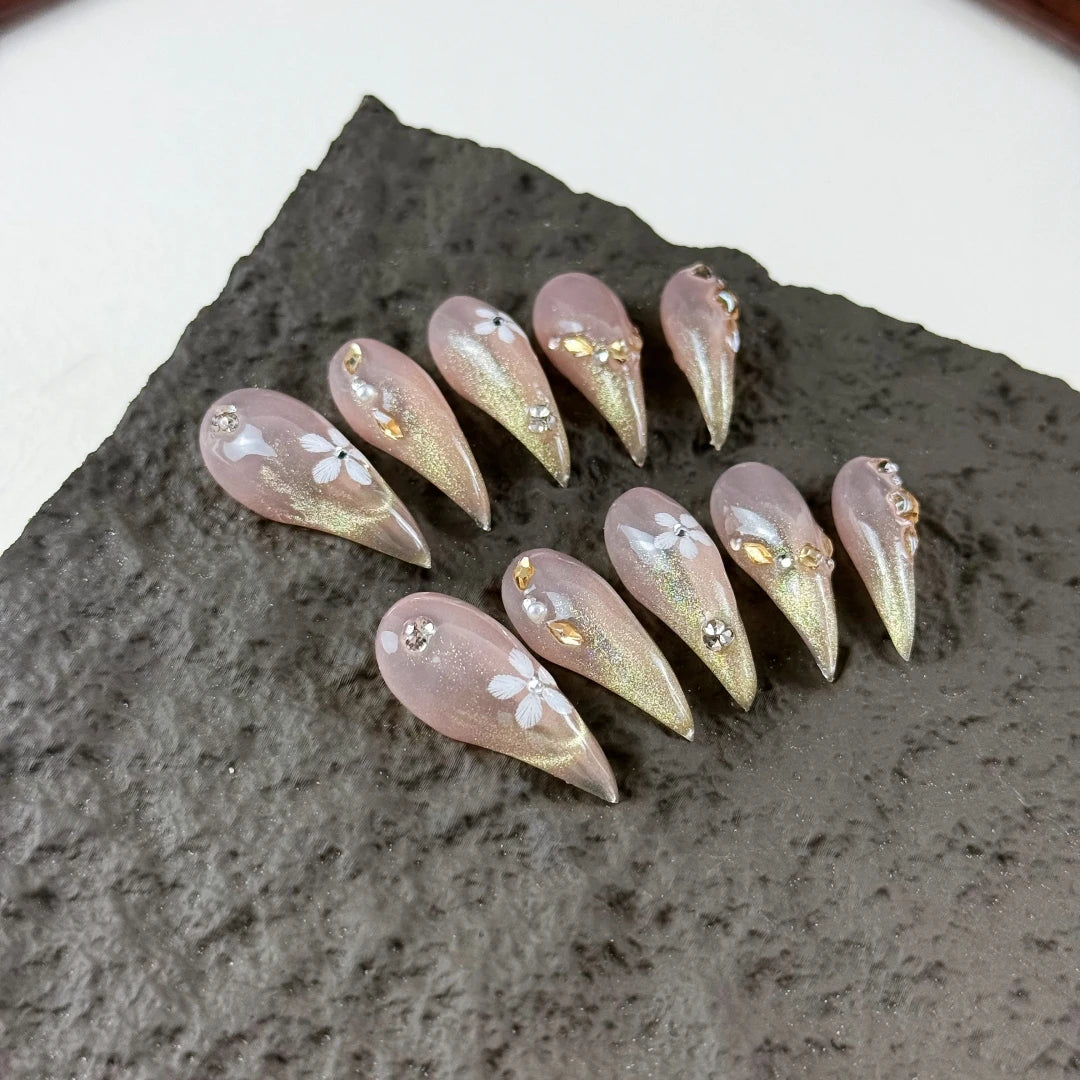 YICKYUE  -  10pcs High-end Purely sensual style, dragon claw design, hand-painted flowers, glittering small diamonds, gradient cat eye effec