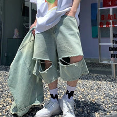 Hearujoy 2024 Men Summer Fashion Vintage Loose Wide Leg Jeans Male Streetwear Knee Length Pants Male Casual Ripped Denim Shorts F38