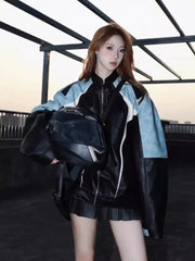 HEARUJOY  -  Men's Motorcycle Leather Jacket Color Block Racing PU Leather Coat Women Spring New Zip Up Stand Collar Hip Hop Street Outwear