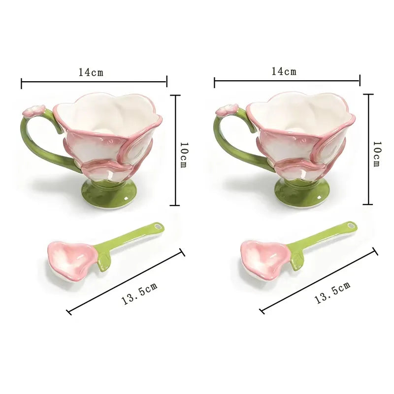 YICKYUE  -  Cute Style Lotus Design Firing Ceramic Goblet Milk Cup With Spoon Set Office Tableware Underglaze Colour Large Capacity 350ml