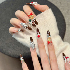 YICKYUE  -  10pcs Christmas Themed Nail Art Handmade 3D Chocolate Cake False Nails Press On Nails Festive Snowman Santa Decor Holiday Party