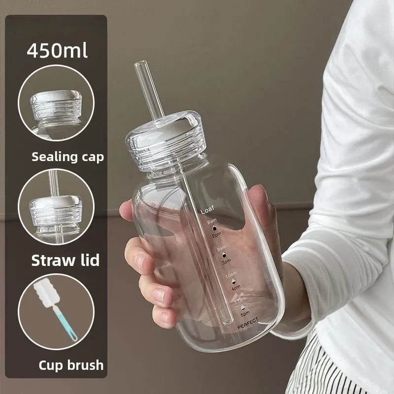 YICKYUE  -  Portable Glass Cup Microwave Safe Milk Bottle Coffee Cup with Time Scale Heat Resistant Measuring Milk Cup for Home Outdoor