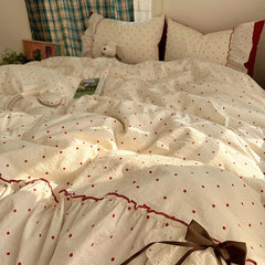 YICKYUE  -  3/4Pcs Bedding Set Korean Princess Polka Dot Bedding Cute Bow Bed Linen 2 Bedroom Cotton Bed Linen With Ruffles Couple Quilt