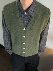 YICKYUE  -  Vintage Men V-neck Knitted Vest Vardigan sleeveless Tank Tops Fall 91% Mohair Sweater Waistcoat Overlapping Outer Clothing