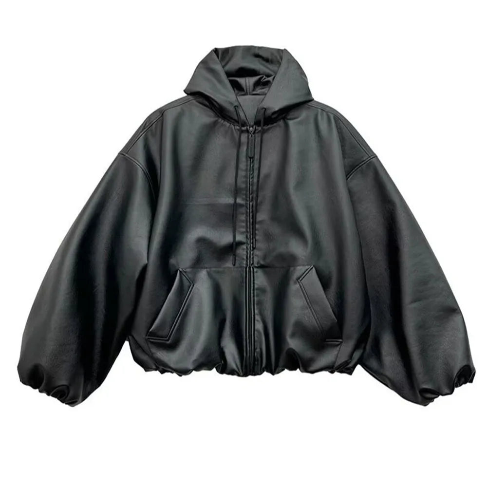 Hearujoy High Street Black Color Pu Leather WIndbreaker Coat Mens and Women Cleanfit Casual Loose Zipper Hooded Jackets Oversized