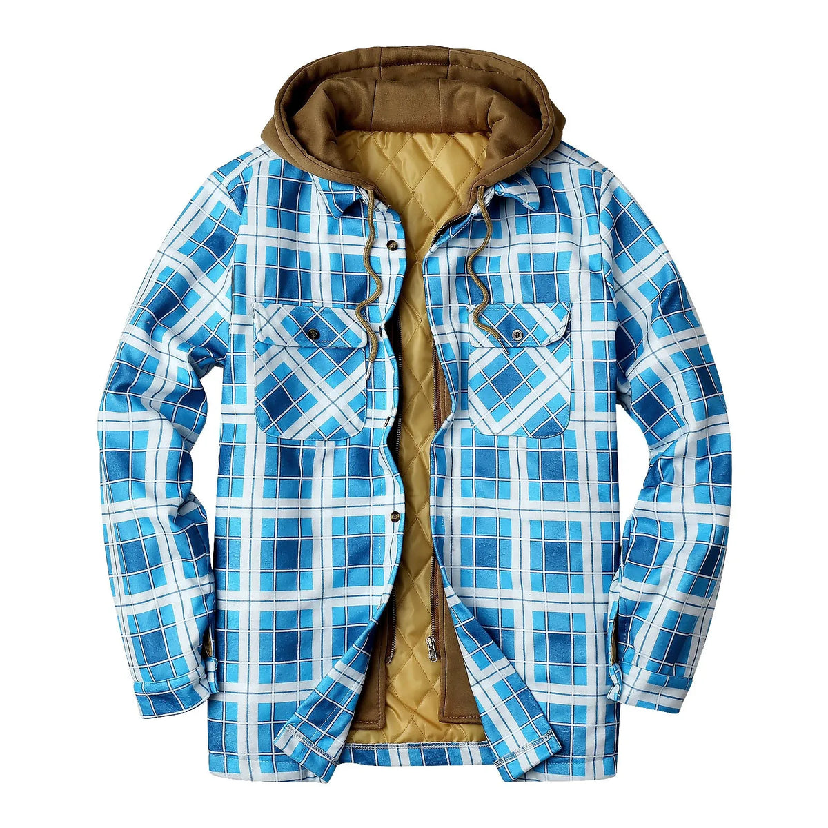 HEARUJOY  -  Men'S Winter Plaid Hooded Jacket Lapel Pocket Hooded Padded Loose Shirt Top Jacket Winter Korean Thickened Fleece Fluffy Jacket