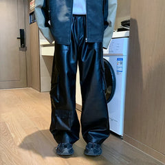 Hearujoy Black Leather Pants Men Oversized Retro Pocket Cargo Pants Men Streetwear Hip-hop Loose Wide Leg Pants Mens Motorcycle Trousers