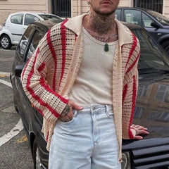 Hearujoy Fashion Stitching Contrast Knitted Cardigan Men's Lapel Collar Niche Design Retro Sweater Unisex Coat Versatile Striped Knitwear