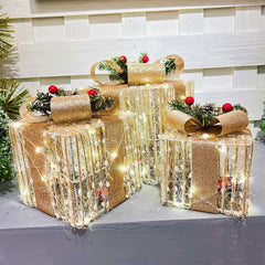 YICKYUE  -  3pcs/set Christmas Glow Gift Box With Bow Christmas Lighting Box Merry Christmas Iron Ornament Xmas Home Tree Party Decroation