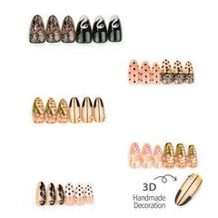 YICKYUE  -  24PCS Vintage Almond Press on Nails Sweet 3D Pink Roses Lace Black Swan False Nails Sweet Cool Polka Dots Patterns Nail Tips Art