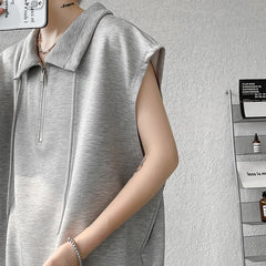 Hearujoy Men Turn-down Collar Tanks Drawstring Vest Summer Simple Loose Breathable Teenager Fashion Sleeveless Casual Tops Plus Size 2XL