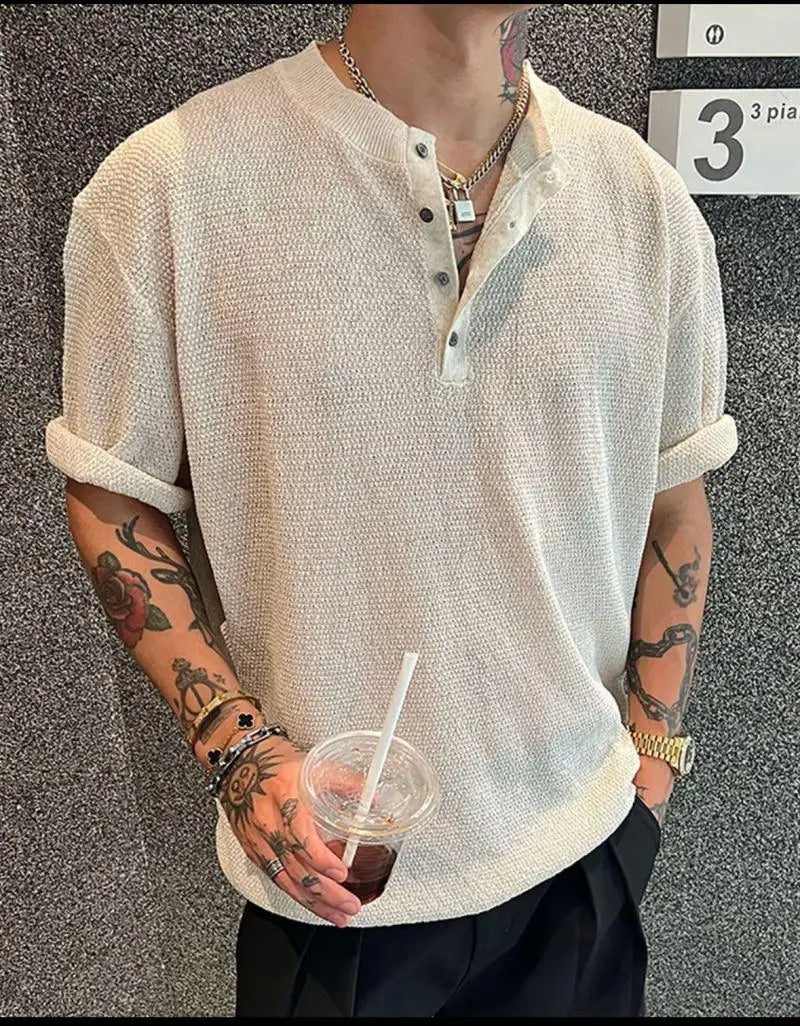 YICKYUE  -  Summer Solid Color Henley Neck Short Sleeve T-Shirt  Men's Breathable Cotton Crew Neck Casual Tee Regular  Fit Clothing XXL