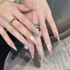 YICKYUE  -  30Pcs Press-On Nails Pure White Long-Length Nude Pink Gradient with Subtle Shimmer—Perfect for Girls and Everyday Wear