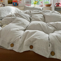 YICKYUE  -  3/4Pcs Bedding Set Futon Minimalist Striped Button-Down Style 100% Washed Cotton Set Single Bed Sheet Set Full-Size Four-Season
