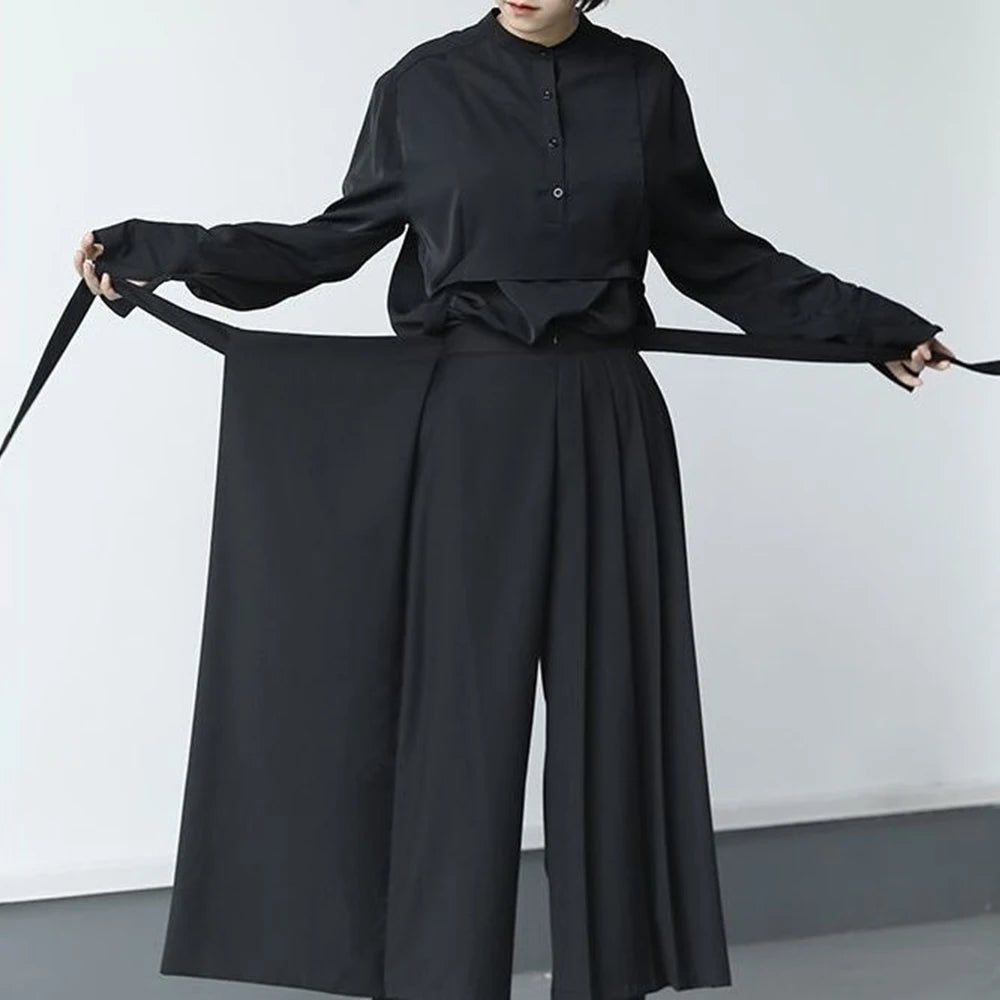 HEARUJOY  -  Darkness Versatile Slim Pleated Nine-Point Wide-Leg Pants Unisex Double-Layer High-Waisted Loose Tight-Waisted Straight Culottes
