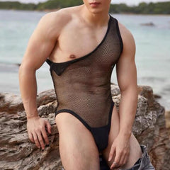 Hearujoy 2024 Mens Sexy Men's Bodysuit Hollow Mesh Body Sculpting Underwear Macho See-through High Fork Triangle Sleeveless Jumpsuit Vest