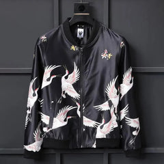Hearujoy Y2K Chinese Style High Street Fashion Trend Crane Print Flight Jacket Mens Trendy Japanese Spring Autumn Baseball Uniform Jacket